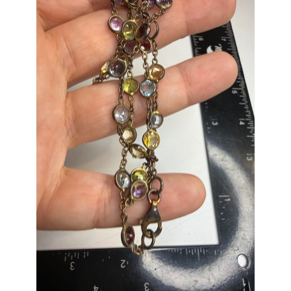 Antique Brass Multi Color Bezel Set Crystal Station Necklace 18 Inch